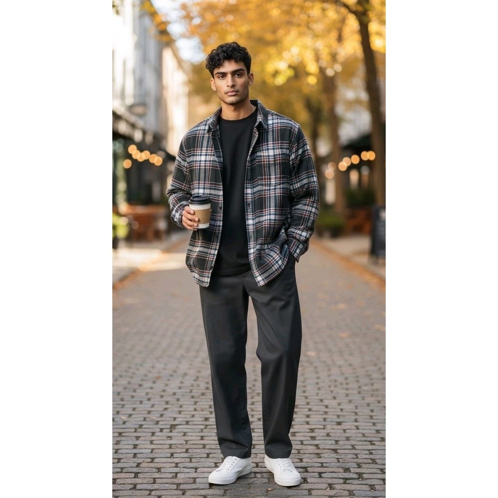 Croft & Barrow Men's Flannel Long Sleeve shirt SZ S Plaid Gray Blue 100% Cotton